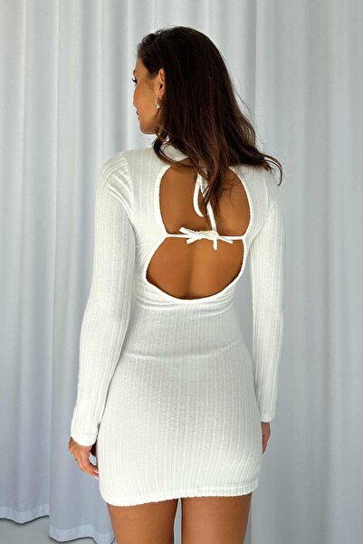 Mine Tan Butik Γυναικείο φόρεμα Crew Neck Back Χαμηλή κοπή με απαλή υφή πλεκτό - λευκό
