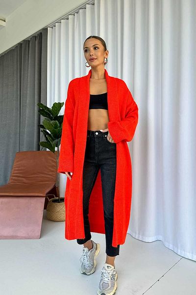 Mine Tan Butik Cardigan lung de tricotaj cu guler șal - Floare de rodie