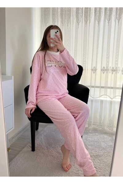 Lena Homewears Açık Pembe Benek Desenli Düz Polar Pijama Takımı