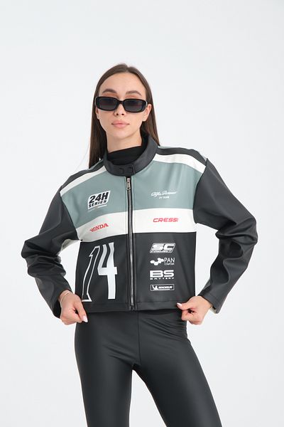 Black Level Women's Oversize Leather Coat - Printed, Stripe, Zip-Up and Garnished Bomber Racer Jacket