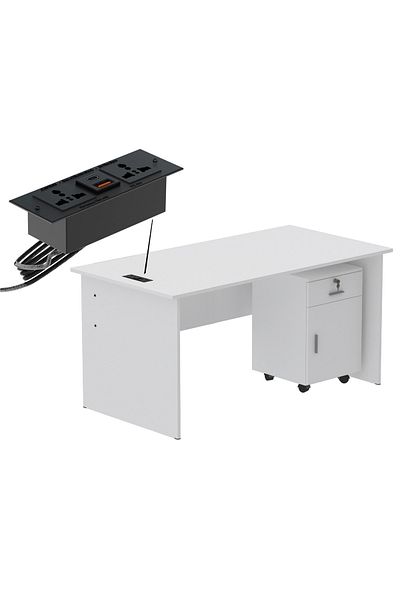 Mahmayi MP1 160x80 White Writing Table With Drawers and Black BS01 Desktop Socket USB AC Port