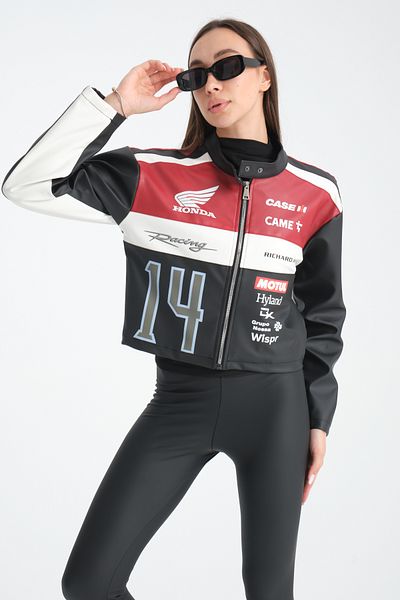 Black Level Women's Oversize Leather Coat - Printed, Stripe, Zip-Up, Garnished Bomber Racer Jacket