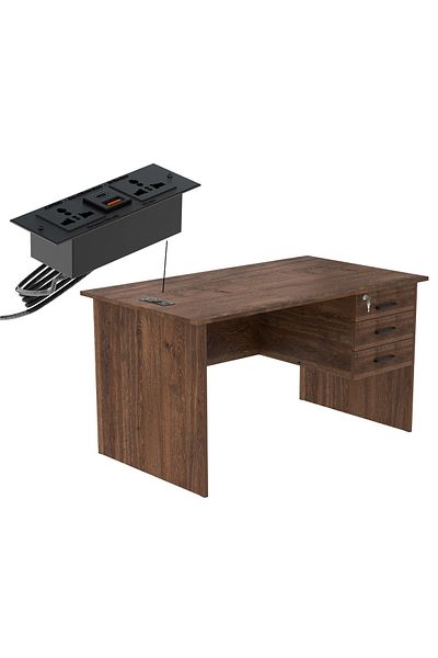 Mahmayi Writing Table With Hanging Pedestal Attached Desktop Socket With USB AC Port - Brown