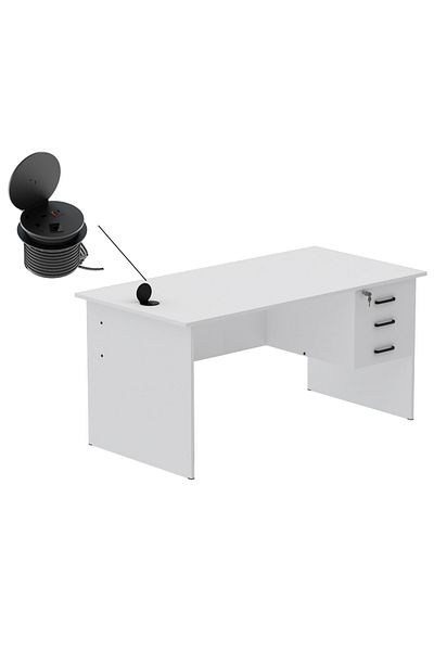 Mahmayi Modern Writing Study Table With Hanging Pedestal Attached And Round Desktop Power Module - White