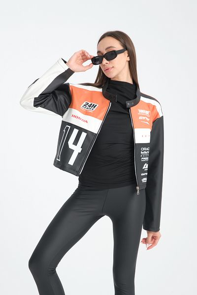 Black Level Women's Oversize Leather Coat - Printed, Stripe, Zip-Up, Garnished Bomber Racer Jacket