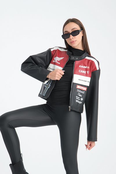Black Level Women's Oversize Leather Coat - Printed, Stripe, Zip-Up, Garnished Bomber Racer Jacket