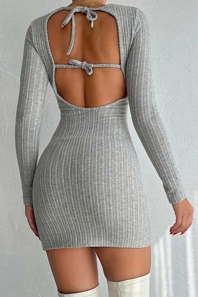 Mine Tan Butik Γυναικείο φόρεμα Crew Neck Low Cut με απαλή υφή πλεκτό - Γκρι