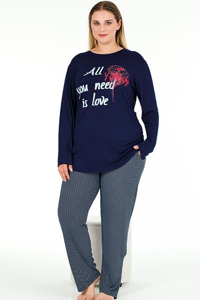 Jenny Daphne Navy Blue Large Size Striped Viscose Pajamas Set - Long Sleeve Top and Bottom Set 11396