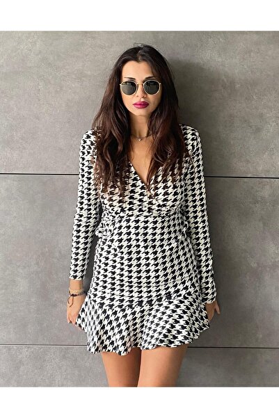 buğrahayalin    Women's Long Sleeve Double Breasted Collar Houndstooth Micro Mini Length Dress