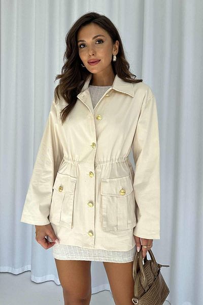 Mine Tan Butik Μπεζ γυναικείο μπουφάν - με επένδυση ώμου, επένδυση και ρυθμιζόμενη μέση