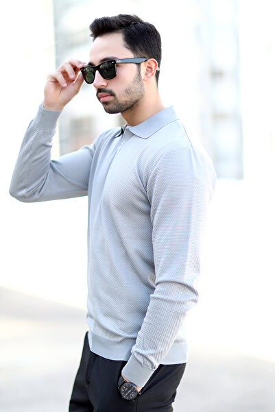 JB John Borners Ανδρικό γκρι γιακά πόλο 100% Micro Flament πλεκτό πλεκτό φούτερ - 1920