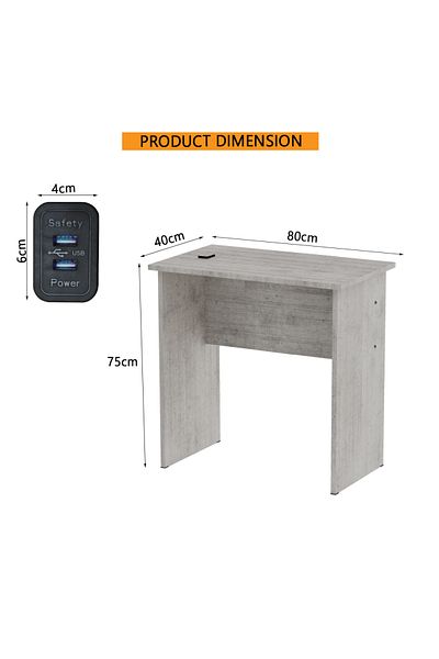 Mahmayi Modern MP1 Study Table, 80x40 with Black BS02 Desktop Socket Light Grey Chicago Concrete