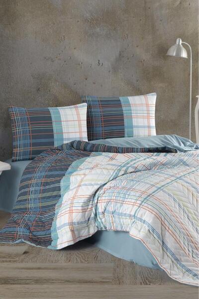 Kristal Καρό Σετ Παπλωματοθήκης Διπλό για Τέσσερις Εποχές Μπλε