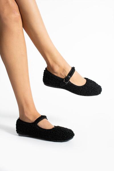 MissPapatya Single Striped Black Plush Casual Women's Ballerinas