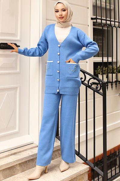 benguen Blue Knitwear Set - 4066 Model, Stone Detailed Pocket
