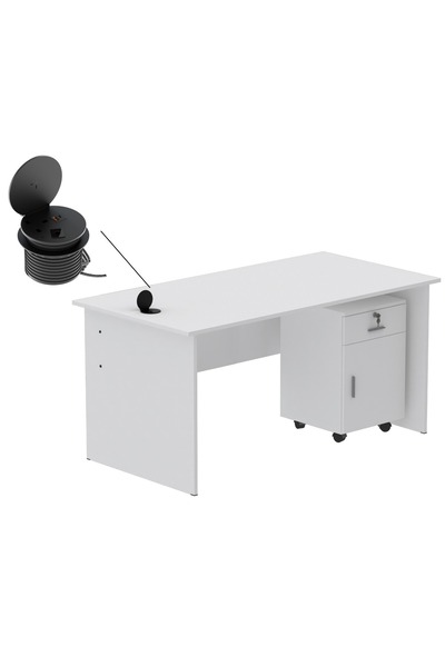 Mahmayi طاولة كتابة بيضاء MP1 مقاس 160 × 80 مع أدراج ووحدة طاقة سطح مكتب مستد...