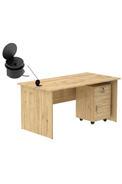 Mahmayi طاولة كتابة من خشب البلوط مقاس 160×80 مع أدراج ووحدة طاقة سطح مكتب دا...