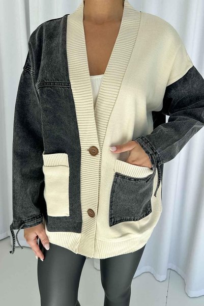 Mine Tan Butik Cardigan de damă Garnilli Denim Detail - Negru