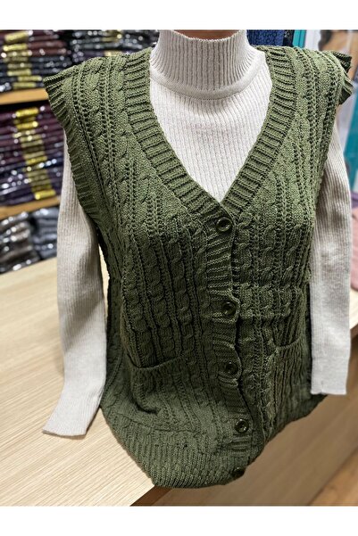 TCR Kadın Triko Düğmeli Cepli Örgü Yelek