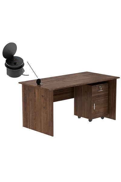 Mahmayi MP1 160x80 Brown Writing Table With Drawers and Black 51-1H Round Desktop Power Module