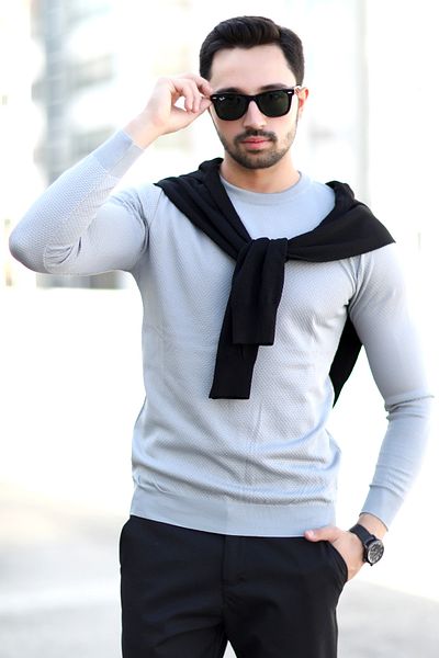 JB John Borners Men's Brass Knit Sweater Gray Crew Neck Knitwear 100% Micro Flame - 1005