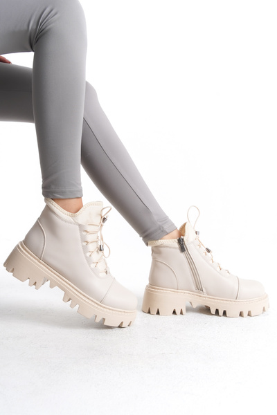 Limeo Γυναικεία δερμάτινα μποτάκια με χοντρή σόλα με φερμουάρ με κορδόνια με αντιολισθητική σόλα