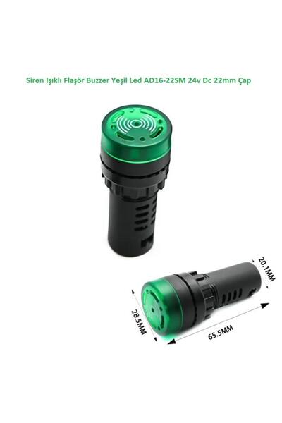 Hatfon Elektronik Siren Işıklı Flaşör Buzzer Yeşil Led AD16-22SM 24v Dc 22mm Çap