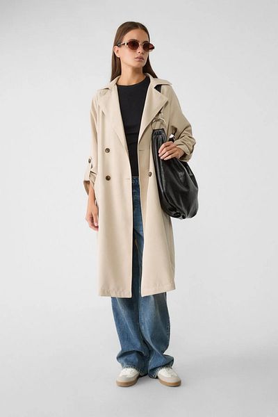 My Blog Cremefarbener, drapierter, ungefütterter langer Trenchcoat – 7310