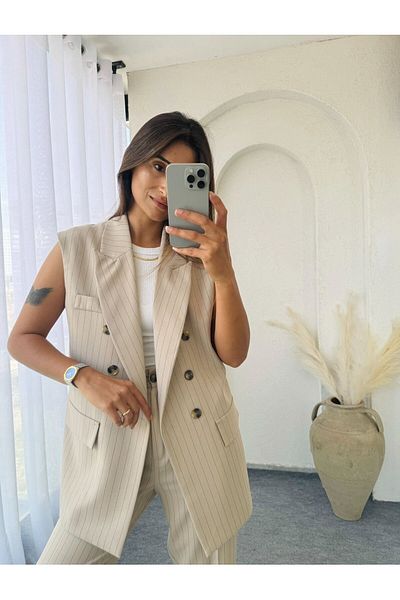 Trend Marfa Atlas Fabric Premium Size Sleeveless Jacket Vest Set with Pants