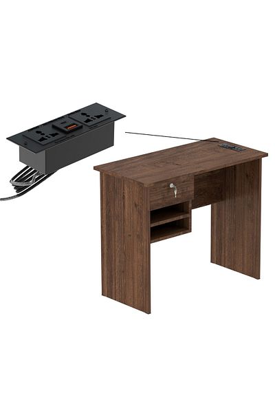 Mahmayi Solama MP1 9045 Office Desk with Paper Rack- Brown with Black BS01 Desktop Socket