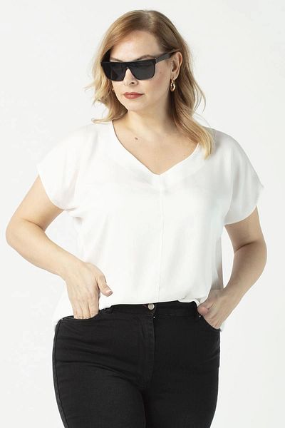 Moda Berray 3203 satin V-neck Short Sleeve Plus Size Stylish Blouse White
