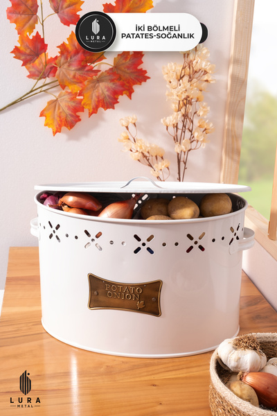 Skygo 2 Bölmeli Plakalı Beyaz Metal Patates ve Soğan Sepeti - 18 LT Patates Soğanlık Sebzelik Saklama Kabı