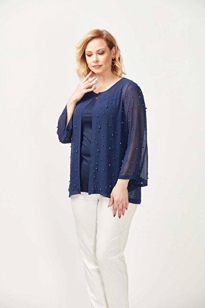 Moda Berray 1951 Lacivert Inci Ve Taş Baskılı Şifon Büyük Beden Şık Ceket