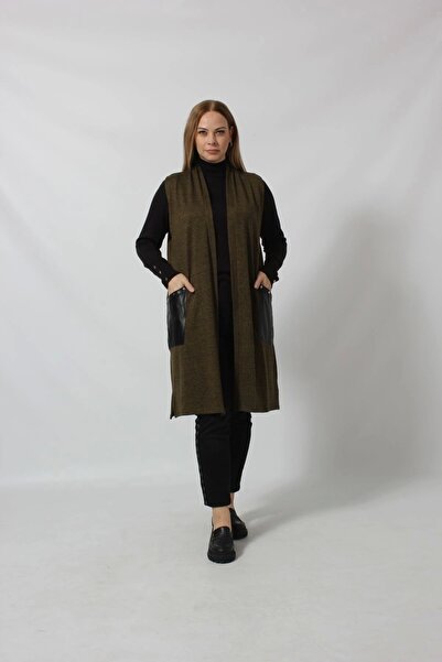 Moda Berray Deri Cep Detaylı Uzun Triko Yelek