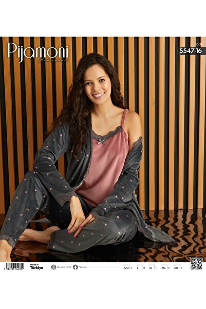 Pijamoni 3 Lü Sabahlıklı    Kadife  Kadın Pijama Takımı