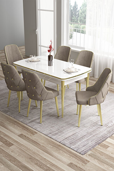Canisa Tia Serisi 80x132 Açılabilir Mdf Beyaz Gold Detay Mutfak Masa Takımı Ve 6 Cappucino Sandalye