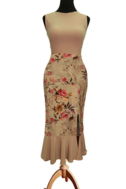 Due Stelle Reversible Lycra Tango Skirt – Double Sided Flexible Dance Skirt Floral Beige - Beige