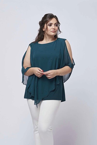 Moda Berray 4050 Petrol Taşlı Pelerinli Şifon Büyük Beden Şık Bluz