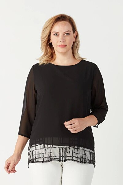 Moda Berray 4046 Şifon Payet Dantel Kombinli Büyük Beden Şık Bluz Siyah