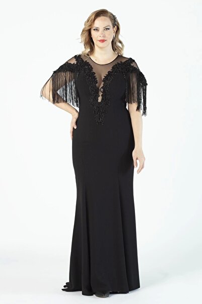 Moda Berray 80099 Işlemeli Püsküllü Büyük Beden Uzun Abiye Siyah