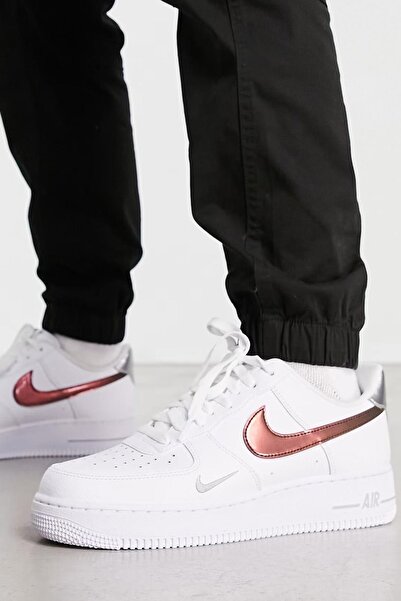 Nike Air Force 1 '07 Trainers White With Metallic Swoosh Leather Sneaker Haki...