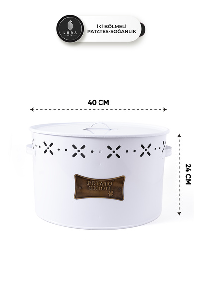 Skygo 2 Bölmeli Plakalı Beyaz Metal Patates ve Soğan Sepeti - 18 LT Patates Soğanlık Sebzelik Saklama Kabı