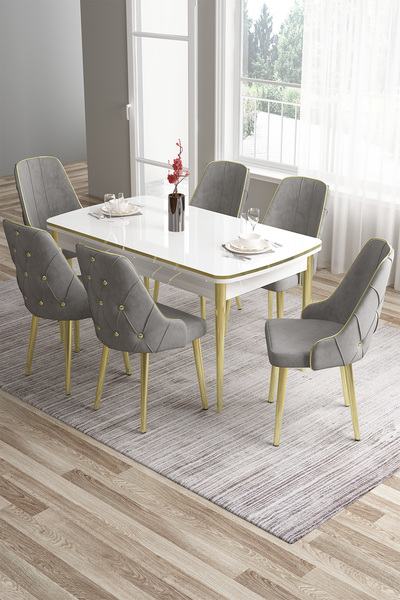 Canisa Tia Serisi, 80x132 Beyaz Açılabilir Mdf Yemek Odası Takımı 6 Gri Sanda...