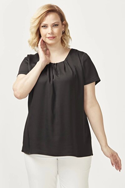 Moda Berray 3202 Damla Yaka Saten Kısa Kollu Büyük Beden Şık Bluz Siyah