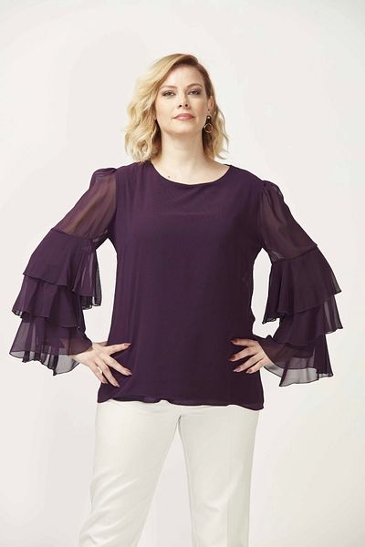 Moda Berray 28009 Ruffled Sleeves Plus Size Blouse Plum