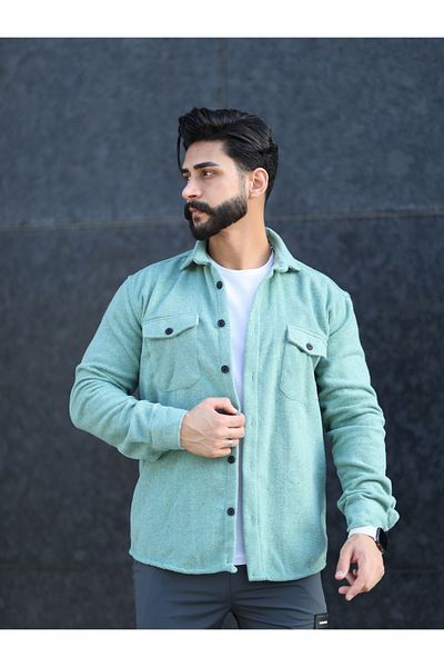 mavisima erkek giyimi Πουκάμισο Water Green Stamped Lumberjack - Διπλή τσέπη και λεπτομέρεια με κουμπιά