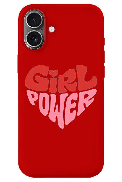 WANNA PROTECT iPhone 16 Kırmızı İçi Kadife Kalp Girl Power Desenli Silikon Te...