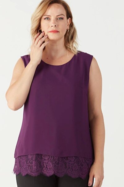 Moda Berray 3207 Etek Ucu Dantelli Şifon Büyük Beden Şık Bluz Mürdüm