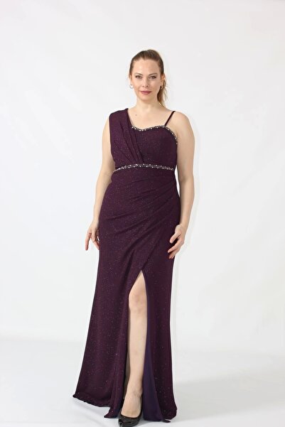 Moda Berray 2402 Tek Omuzu Kalın Simli Kumaş Beli İşlemeli Yırtmaçlı Abiye