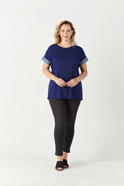 Moda Berray 3236 Parlak Omuz Detaylı Esnek Büyük Beden Şık Bluz Lacivert